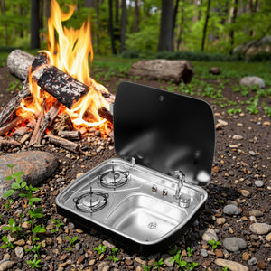 Cuisinière à gaz portable 2 brûleurs en acier inoxydable SUS 304 avec évier, entrée d'eau en verre trempé, argent, camping-car, <span class=keywords><strong>caravane</strong></span>, marine - Product Image 4