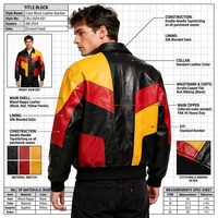 Blouson Bomber Homme Personnalisé en Cuir Huilé Vachette, Motif Géométrique Noir Jaune Rouge, Style Color Block, Contraste Automne Hiver, OEM ODM