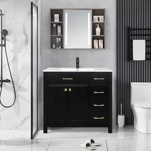 Mueble de tocador de baño de MDF negro de 36 pulgadas, gabinetes de baño de diseño Simple clásico, tocadores de baño de almacenamiento potentes