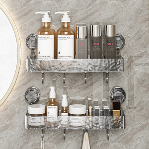 Wall Mounted Suction Cup Shelf Transparent Rectangular Bathroom Storage Rack With Hooks Durable Design - Product Image 2