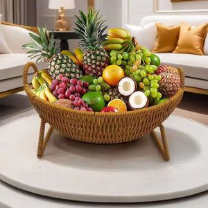 Rattan Style Fruit <b>Basket</b> Bowl With Handles Storage Tray For Living Room Snack And Dessert Display Plastic <b>Weaved</b> Design - Product Image 1