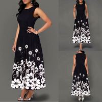 Robes d'été pour femmes, sans manches, col rond, imprimé floral, style européen, élégante robe longue décontractée de style A