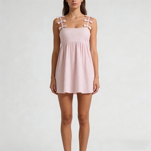 Vestido Mini Personalizado <span class=keywords><strong>con</strong></span> Rayas Rosas para <span class=keywords><strong>Mujer</strong></span>, Tirantes <span class=keywords><strong>con</strong></span> Lazo, Cuello Cuadrado, Corte en A, Cintura Alta, Estilo Elegante, Ropa Casual de Verano - Product Image 1