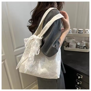 Bolsa de Mano de Lona Blanca Pura a la Moda para Mujer, Gran Capacidad, con Lazo Abierto y Bonito Estampado Floral, Forro de Poliéster - Product Image 2