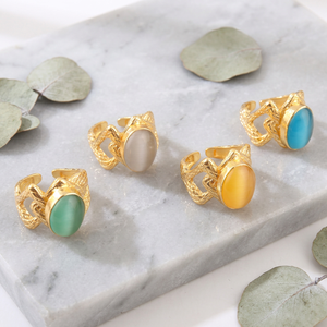 New design oval cat's eye gemstone <b>adjustable</b> <b>ring</b> solid brass 18k gold plated snake texture band bohemia style cocktail <b>rings</b> - Product Image 1