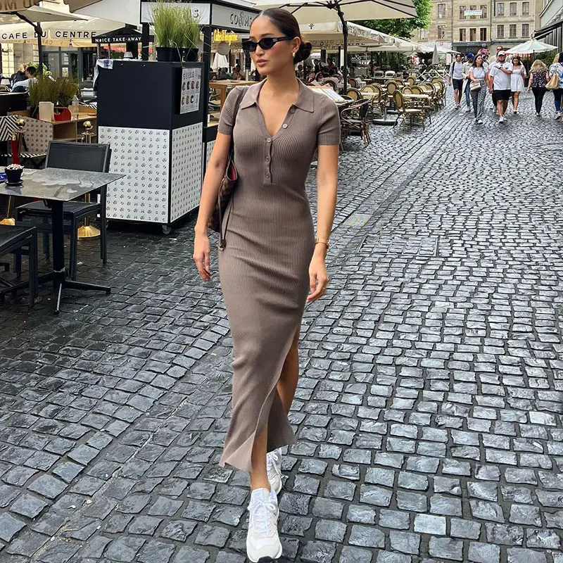 2022 Fall Fashion Turn Down Collar Single breasted Slit European Clothing Australian Niche Dress