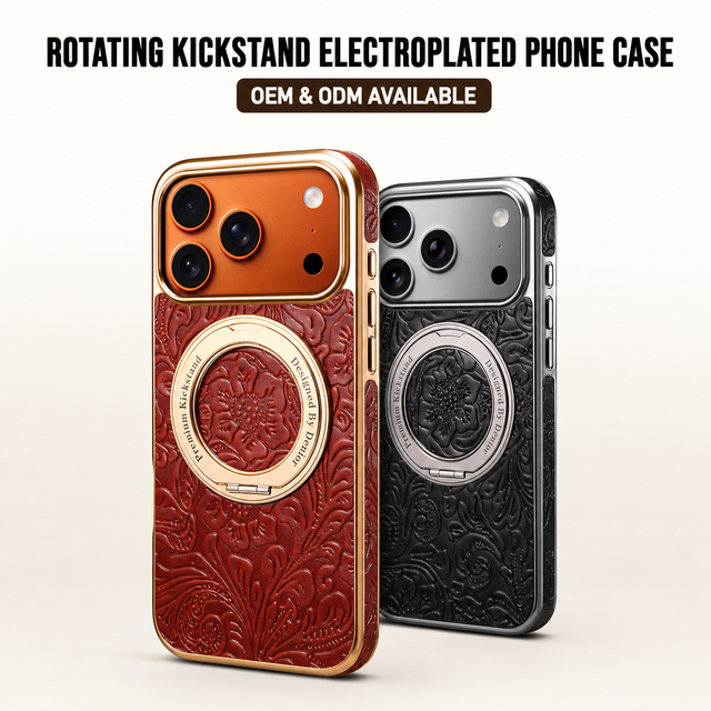 OEM/ODM Factory Direct Custom Genuine Leather Printed Magnetic Rotating Kickstand Electroplated Phone Case for Apple Series