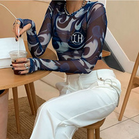 Crop Tops personnalisés pour femmes col rond décontracté à manches longues Street Mesh Sheer See -Through Blouse Gauze Printed Slim-Fit T-shirt Summer