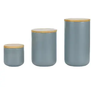 3套光滑灰色陶瓷食品储物罐，用于带密封竹盖CNLF的厨房罐
