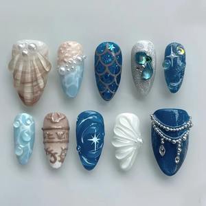 อุปกรณ์ทำเล็บ3D มหาสมุทรสีฟ้าฉลามไข่มุกปลาขนาดอัลมอนด์ที่สวมใส่ได้เคล็ดลับความงามที่<span class=keywords><strong>กด</strong></span>เล็บสำหรับนิ้วมือฮาลาล - Product Image 5