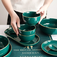 Nordic Simple Retro Phnom Penh Tableware Peacock Green Creative Ceramic Plate Spoon Dish Bowl Tableware Set