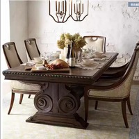 Table à manger américaine vintage sur mesure en bois massif sculpté, base en tréteaux, sculpture à motifs, brun antique, pour villa et restaurant