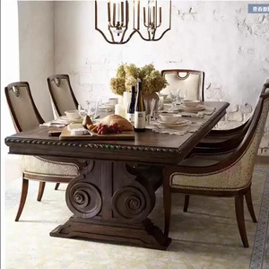Table à manger américaine vintage sur mesure en bois massif sculpté, base en tréteaux, sculpture à motifs, brun antique, pour villa et restaurant - Product Image 2