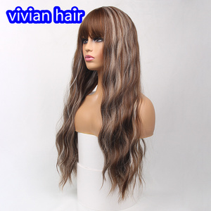 Pelucas onduladas largas Marrón destaca flequillo dorado cabello rizado <span class=keywords><strong>extra</strong></span> largo tejido fibra química 28 pulgadas Peluca ondulada del cuerpo sintético Diario - Product Image 3