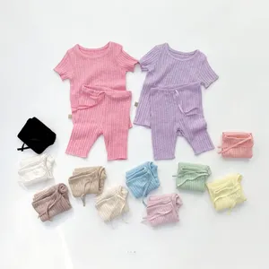 Summer Baby Clothes Short Sleeve Ribbed Bamboo Pajamas Sets Kids Candy Colored Clothing Rib Fabrics Casual Sets