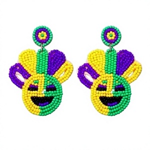 Pendientes de Cuentas Coloridos con Diseño de Cara, Estilo Bohemio para Mujer, Joyería para Fiesta, Boda, Mardi Gras, Patrón Morado, Verde y Amarillo - Product Image 1