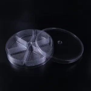 PET Plastic Tray for snacks 6 counterparts Disposable Compartments 6 divider tray with lid round Food Plastic Fruit Tray