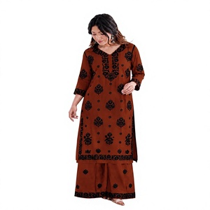 <b>Women</b> Brown Floral Chikankari Embroidery Rayon <b>Kurti</b> Palazzo Set Regular Length Casual Traditional Indian All Seasons Outfit - Product Image 1