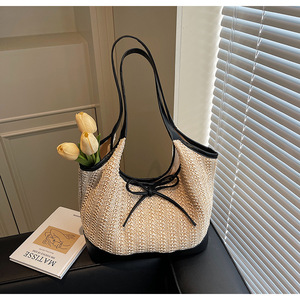 2025 Luxury Large Capacity Borsa <strong>Mare</strong> Beach Bag Straw Handbag Tote with Sweet Bow Mesh Solid Color Beach Bag Custom logo - Product Image 2