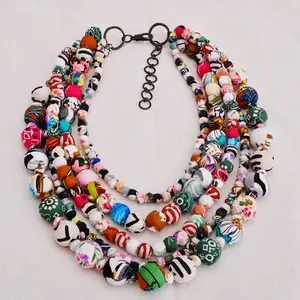 High Quality Handmade Exaggerated Multilayer Colorful Fabric Necklace Shawl African Prints Cloth Black Choker Beaded Necklace