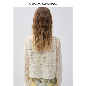 <span class=keywords><strong>Cardigan</strong></span> in maglia traforata bianco crema VEGA CHANG da donna con laccio frontale, maniche lunghe e vestibilità corta, casual, stile boho, estivo, per layering - Product Image 3
