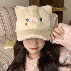 Korean Style Plush Cat Ear Baseball <b>Cap</b> For Women <b>Winter</b> Warm Windproof Fleece Hat - Product Image 2