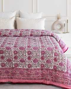 Indian Hand Block Print Rose Pink Cotton Quilt Floral <b>Bedspread</b> Queen Size Comforter <b>Summer</b> Blanket - Product Image 2