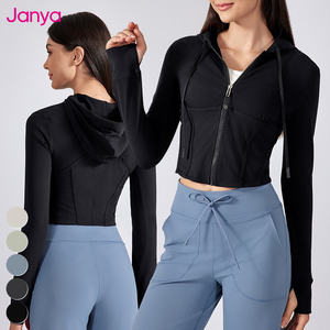 Janya, chaquetas de Fitness para gimnasio delgadas para mujer, de manga larga Sudadera con capucha, agujero para el pulgar, deportes para correr, chaqueta de Yoga con cremallera completa, estampado transpirable - Product Image 4