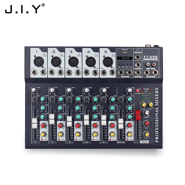 Mixer Audio 7 Saluran F7-USB, Konsol Pencampuran Suara, Jack MP3, Daya 48V untuk Perekaman Komputer untuk Perekaman Studio