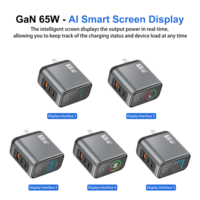 Chargeur mural GaN 65W avec prise US, charge rapide PD, 2 ports Type-C, 1 port USB-A, avec écran numérique intelligent TFT, adaptateur pour téléphone portable, écouteurs