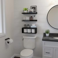 Juego de 3 Estantes Flotantes Negros para Pared con Toallero, Estantes de Almacenamiento Rústicos de Madera para Baño