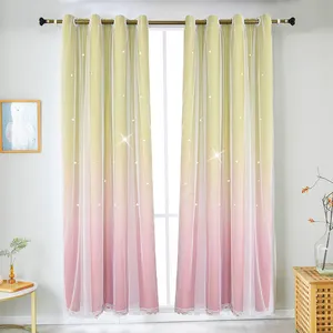 JA Ombre Rainbow Star Cut Gradient Window Curtain Double Layer Blackout For Bedroom Living Room Darkening Stripe Window Dressing