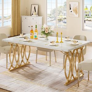 Mesa de Comedor SENYU de Estilo Occidental Moderno, Rectangular, de Lujo, para 4 a 6 Personas, en Blanco y Dorado con Imitación de Mármol, 160 cm - Product Image 1