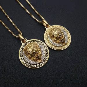 Collier pendentif tête de lion en acier inoxydable plaqué or avec strass pour homme, bijoux de fête hip hop - Product Image 1