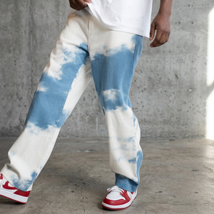 Pantalones Vaqueros de Mezclilla para Hombre, Corte Recto Holgado, Tie Dye, Azul Blanco, Lavado Descolorido, Estilo Urbano - Product Image 1