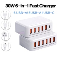 Chargeur mural multi-ports 30W 6 USB-A et 1 USB-C, adaptateur de voyage à charge rapide pour smartphone et tablette