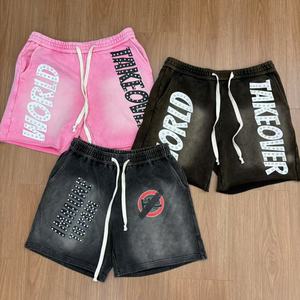 Tùy Chỉnh Người Đàn Ông Của Cổ Điển Mặt Trời-Faded Cán Hem Quần Short 100% Cotton Rắn Mô Hình Giữa Eo Thoáng Khí Dệt Kim Rhinestone Dây Rút - Product Image 1