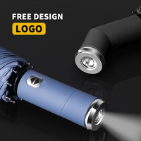 Parapluie publicitaire LED pliable en trois sections avec lampe torche intégrée, cadre à double nervure, parapluie automatique personnalisable avec logo