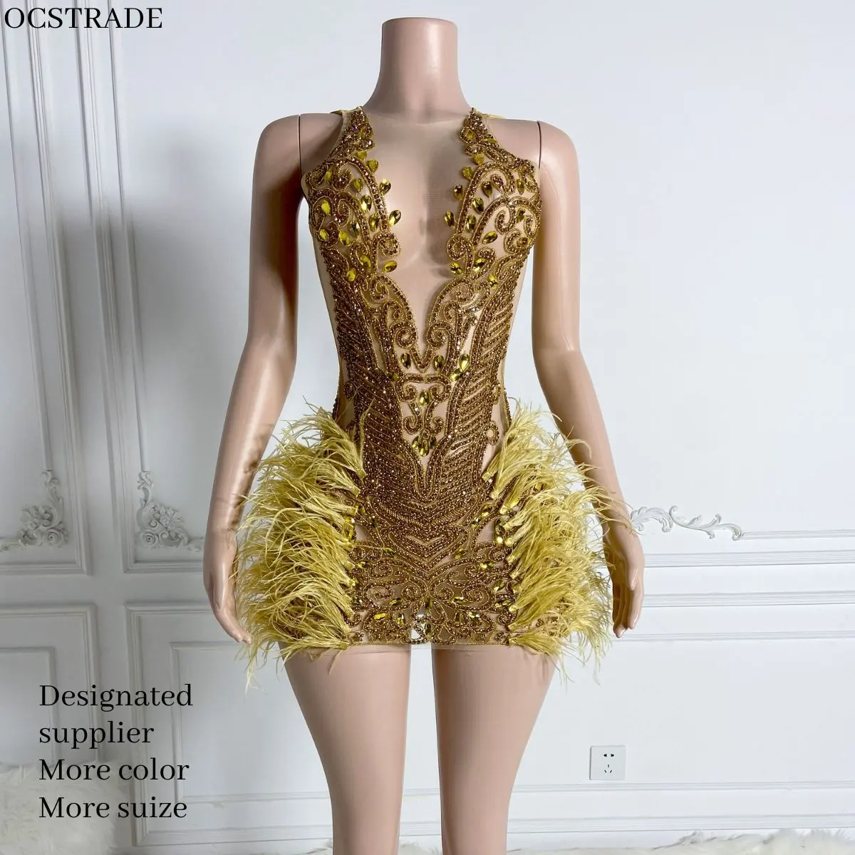 Ocstrade Sommer Netz Federn Party-Stil DAMENMode Kleid trägerlose Pailletten glitzernd kurz Gold Diamant Klubkleid für Damen