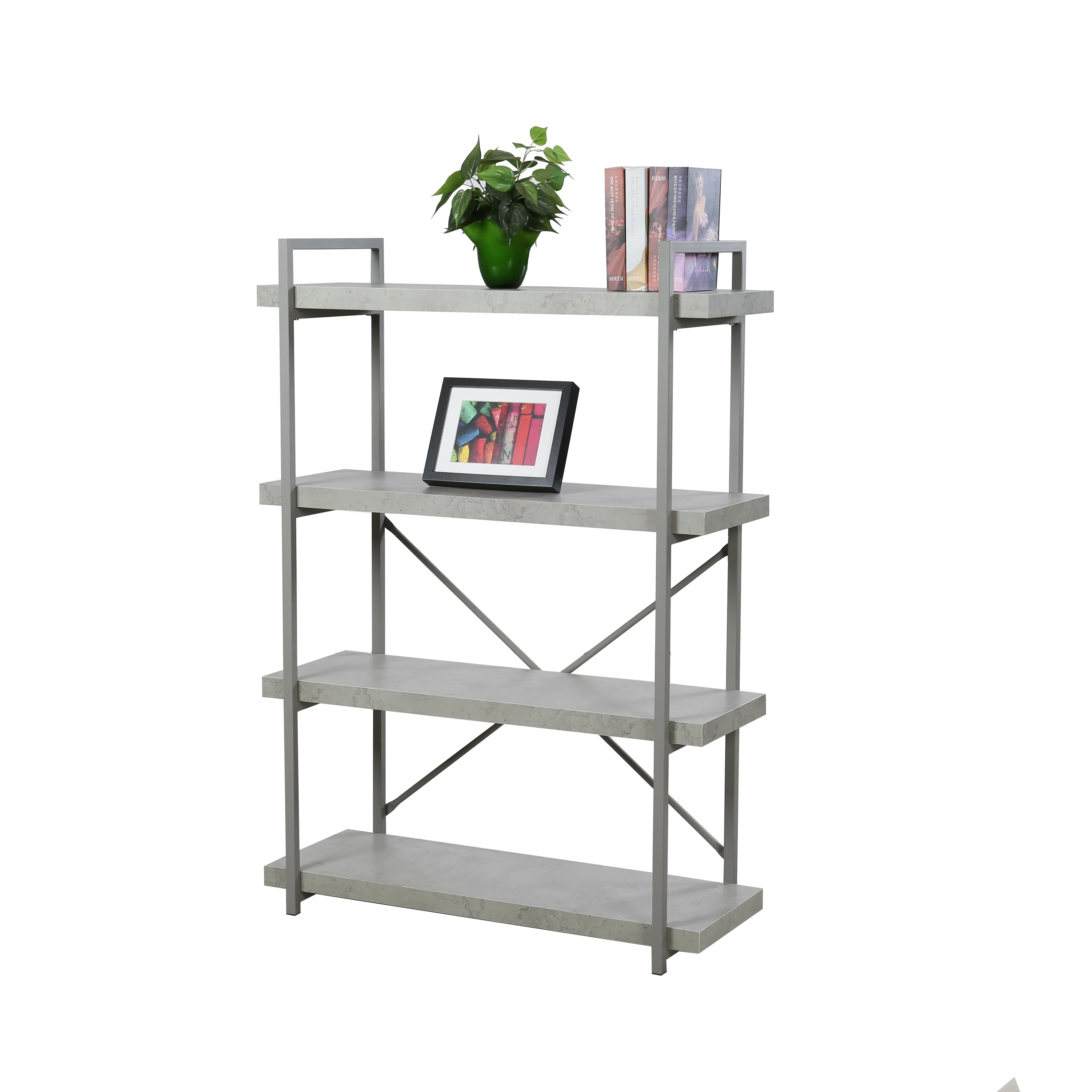 Customized modern fashion design home office furniture storage rack book shelf grey wood and metal 4 tiers shelf bookshelf