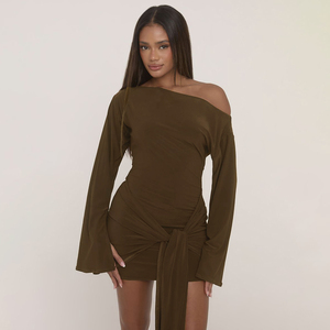 Women Solid Color Long Sleeve Bodycon Mini Dress Asymmetric Design Tie Waist Elegant Sexy Fashion Dress - Product Image 6