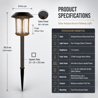 Lampe solaire LED d'extérieur pour allée de jardin, panneau 64x64mm, batterie 1.2V AA 1000mAh, métal bronze