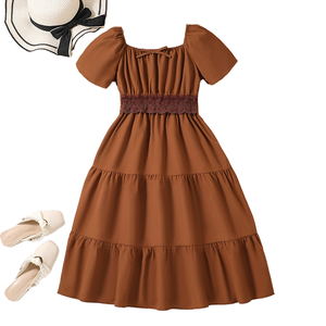 <b>Summer</b> Casual <b>Teen</b> Girls Breathable Solid Knee-Length Fashion Square-neck Bubble Short-sleeved Fitted A-line Waistline <b>Dress</b> - Product Image 2