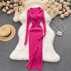 LY116 Neu European Chic Einfarbig V-Ausschnitt Langarm Front Split Strickkleid Damen Pullover Kleider Vestidos 8