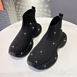 Chaussures de luxe respirantes en maille extensible à tige haute avec strass pour femmes, nouvelles baskets à semelle épaisse scintillantes, chaussures de créateur avec logo personnalisé - Product Image 1