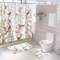 Set Perlengkapan Kamar Mandi OEM dengan Tirai Polyester Seri Bunga Cetak Digital 3D Desainer Set Tirai Mandi untuk Kamar Mandi