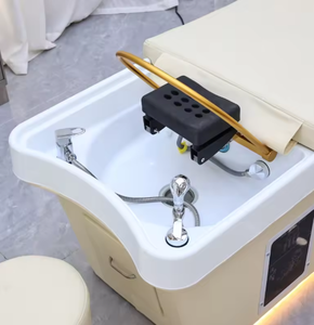 Sillón de peluquería tapizado con lavacabezas, tela crema, estación de pedicura con lavabo y almacenamiento - Product Image 3