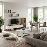 Ensemble de meubles de salon complet et confortable en bois de chêne blanc nordique, style moderne, comprenant une table à manger, une table basse, un buffet et un meuble de rangement.