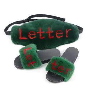 New Rabbit Fur Fanny Pack Waist Bag and Mink Fur Slides Custom Letters