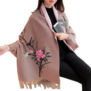 Winter New arrival open front batwing sleeve flower embroidery cashmere loose woman knitted poncho sweater